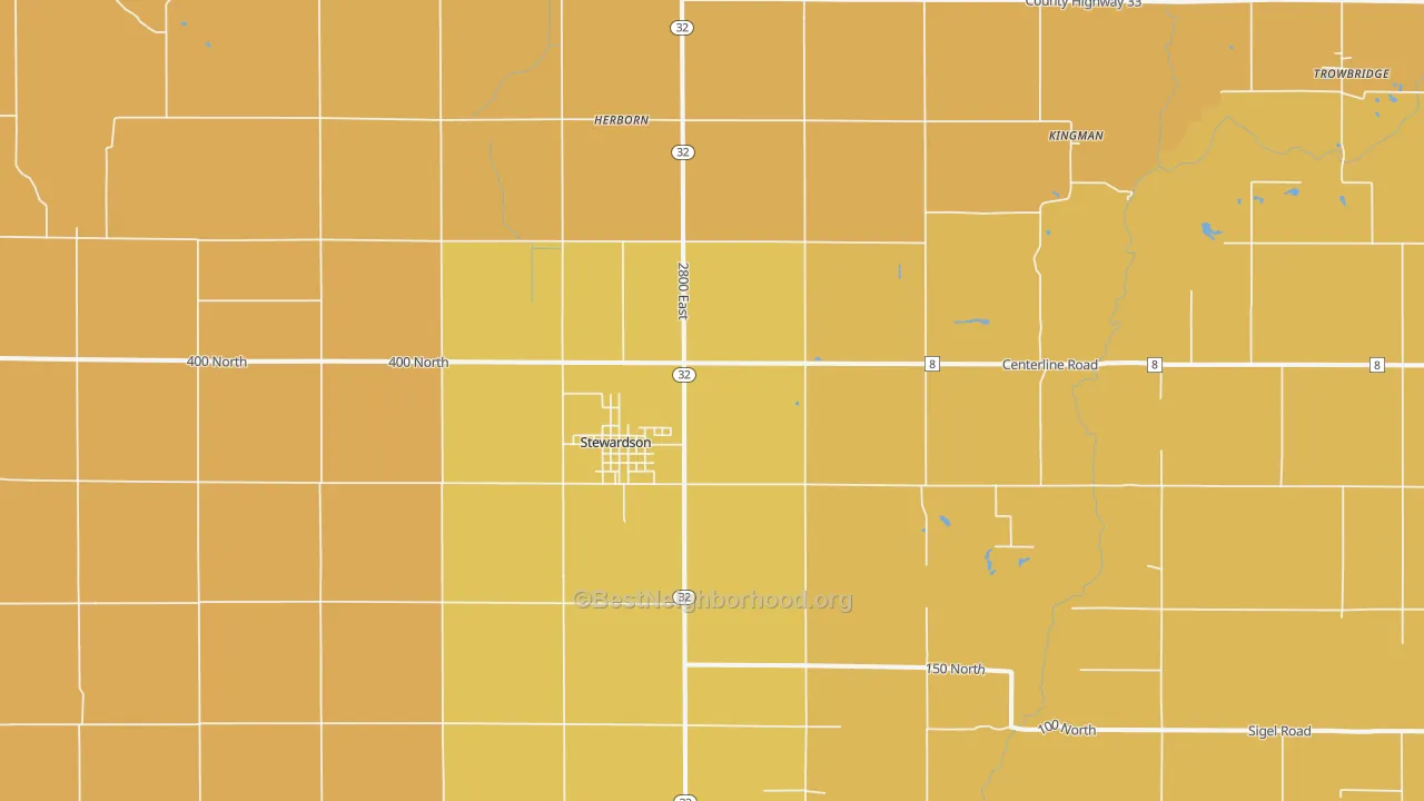 Map of the best neighborhoods in the 62463 area, with better matches in green and worse matches in red