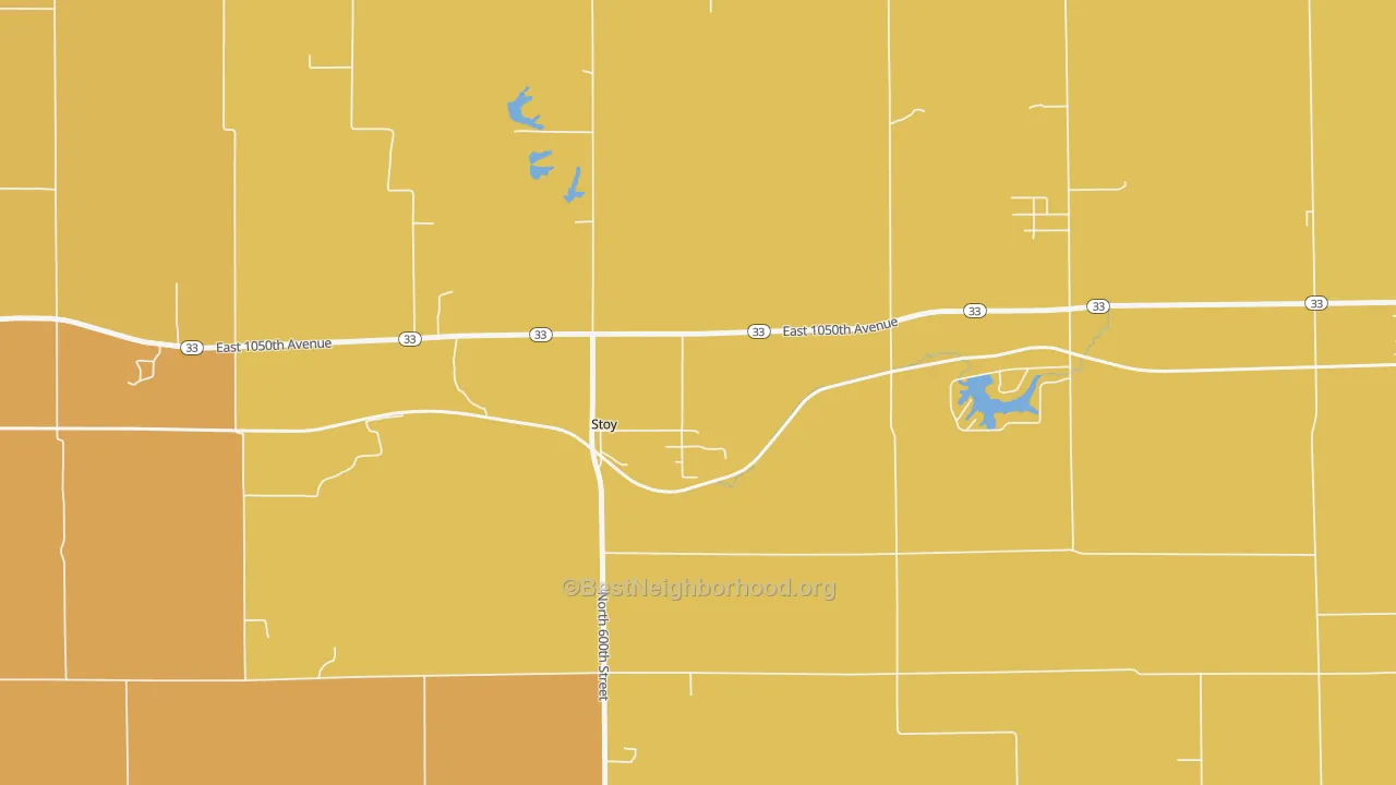 Map of the best neighborhoods in the 62464 area, with better matches in green and worse matches in red