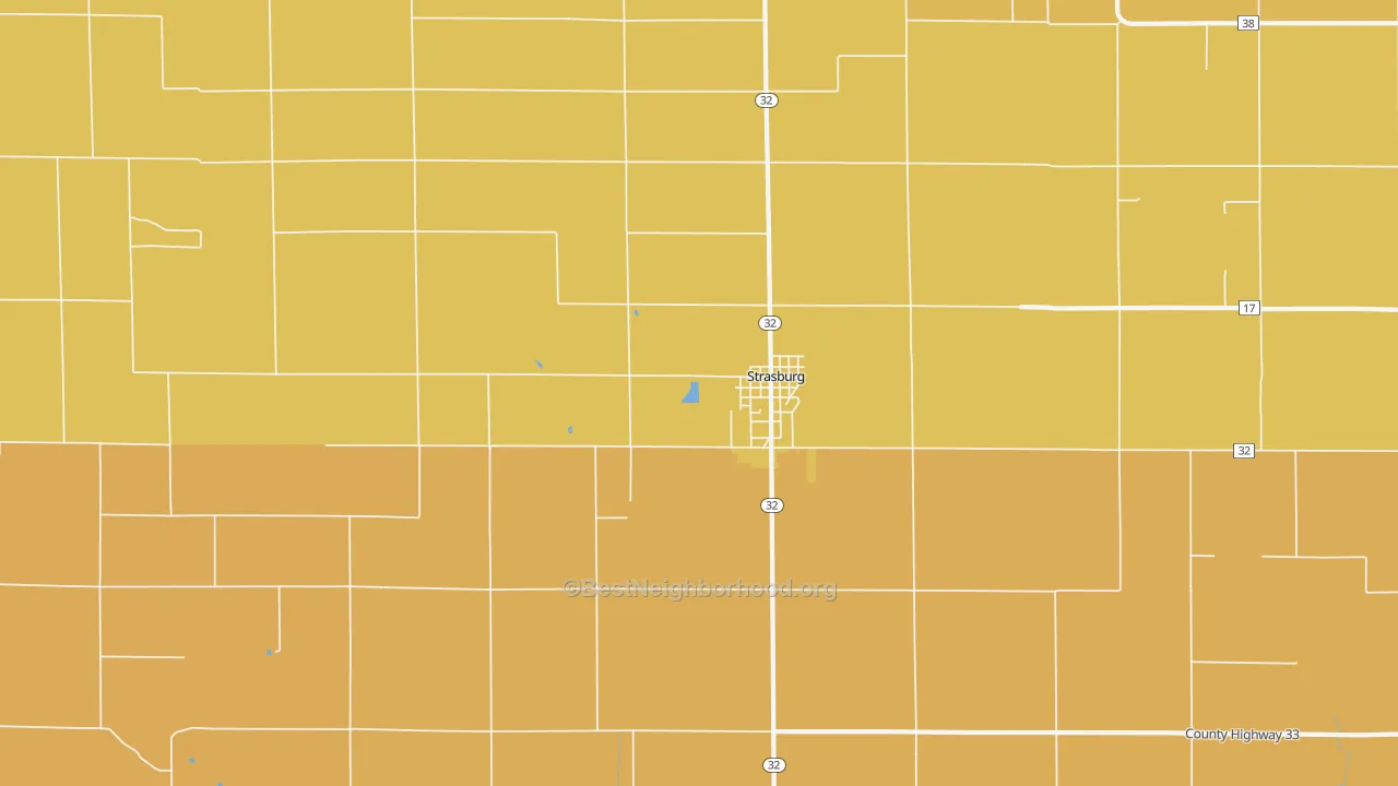 Map of the best neighborhoods in the 62465 area, with better matches in green and worse matches in red
