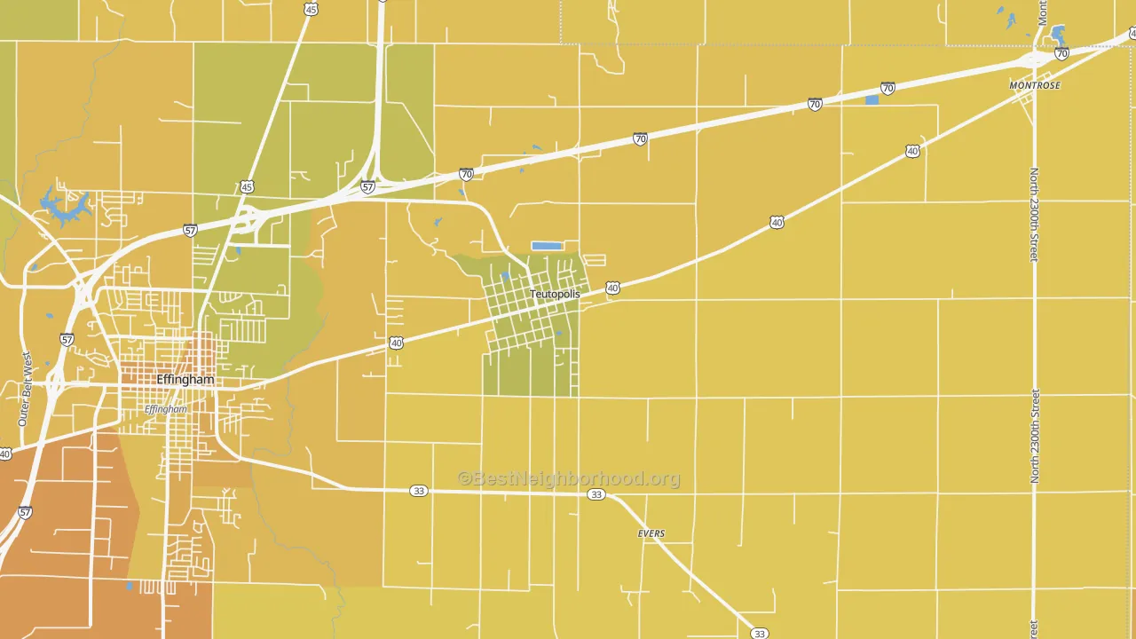 Map of the best neighborhoods in the 62467 area, with better matches in green and worse matches in red