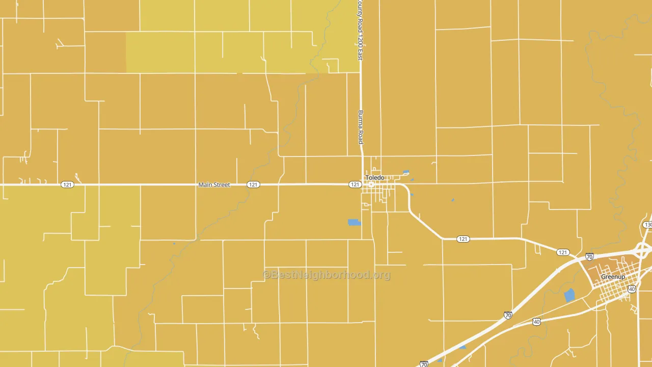 Map of the best neighborhoods in the 62468 area, with better matches in green and worse matches in red