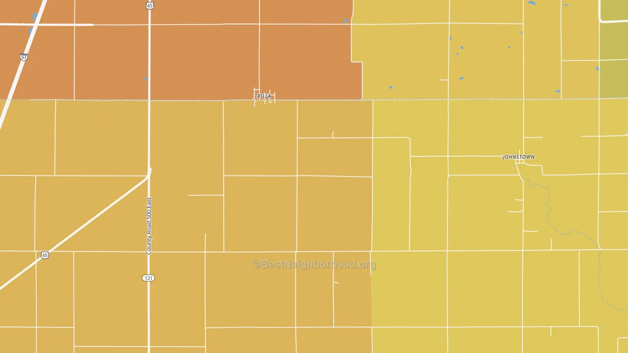 Map of the best neighborhoods in the 62469 area, with better matches in green and worse matches in red