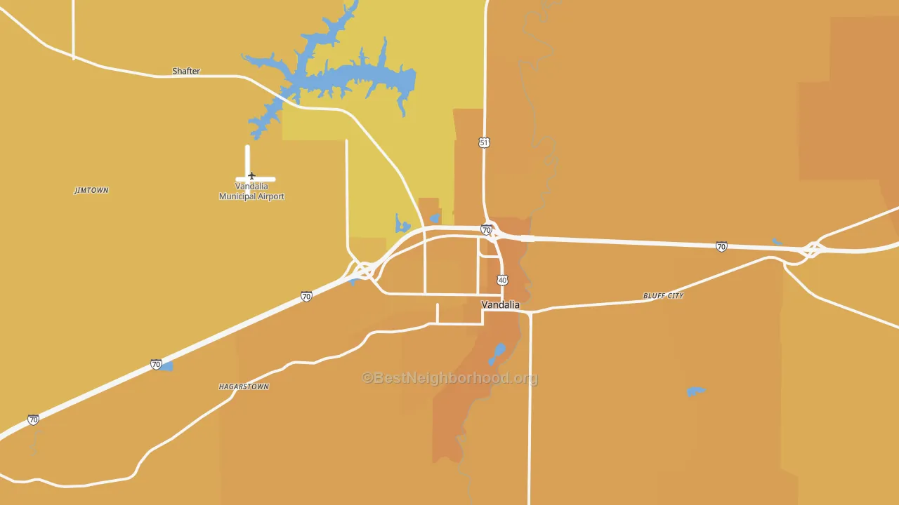 Map of the best neighborhoods in the 62471 area, with better matches in green and worse matches in red