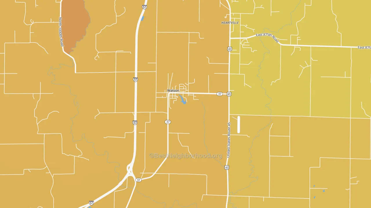 Map of the best neighborhoods in the 62473 area, with better matches in green and worse matches in red
