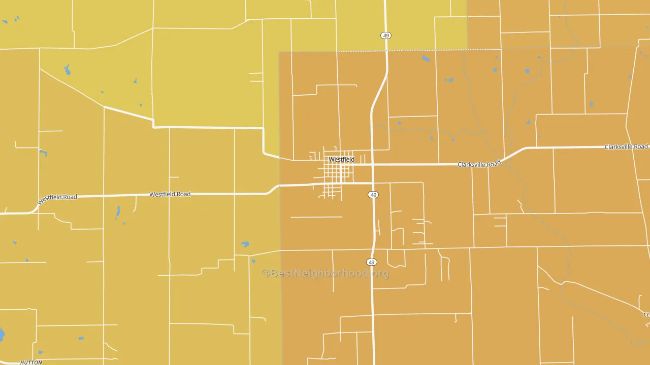Map of the best neighborhoods in the 62474 area, with better matches in green and worse matches in red