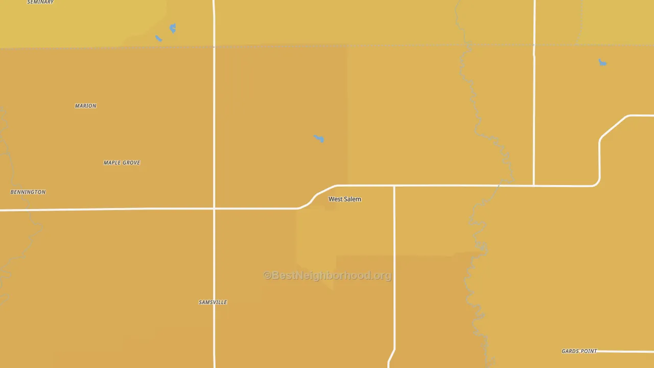 Map of the best neighborhoods in the 62476 area, with better matches in green and worse matches in red
