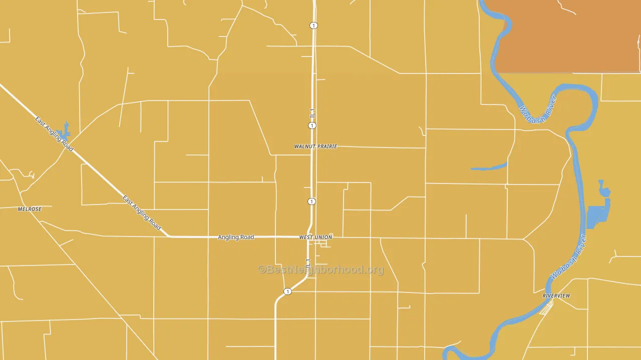 Map of the best neighborhoods in the 62477 area, with better matches in green and worse matches in red