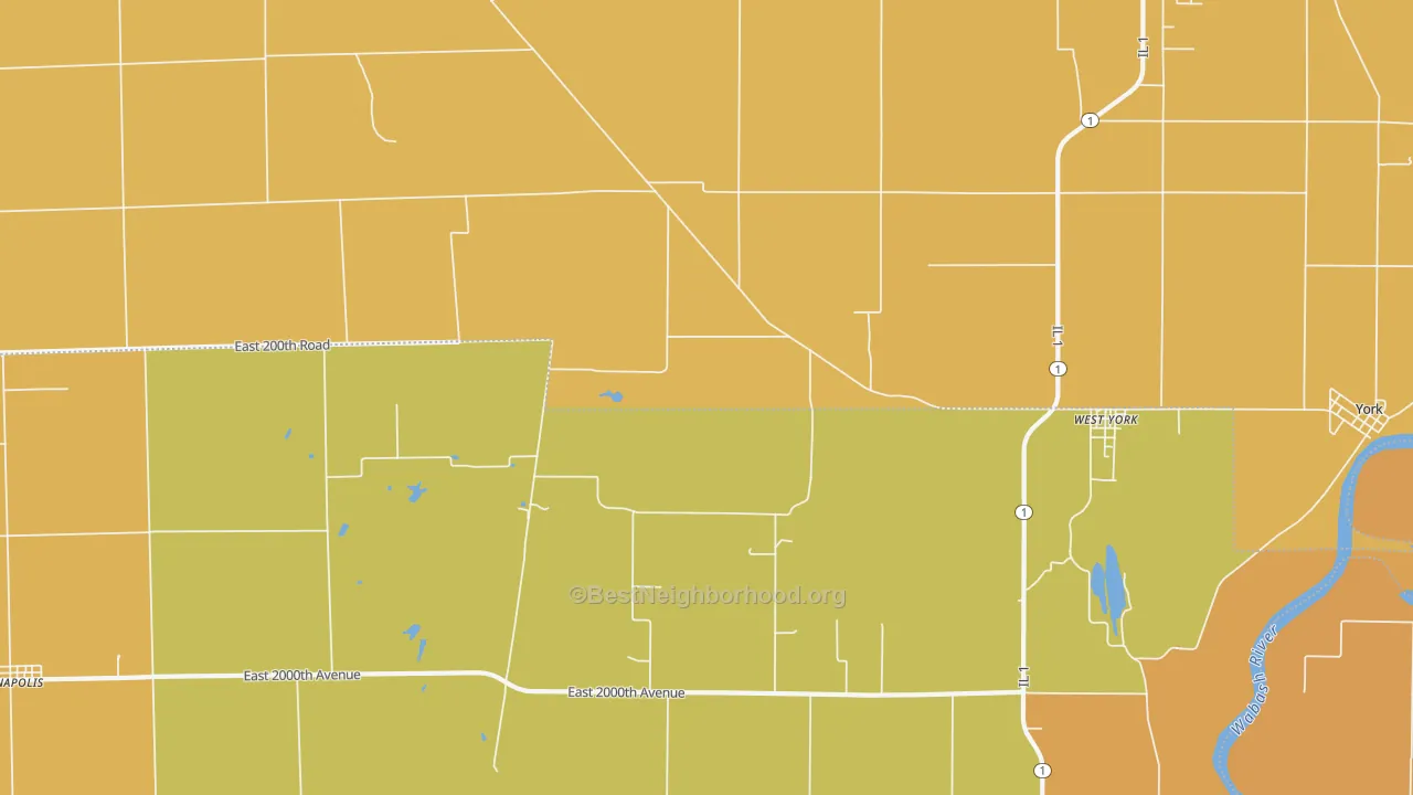 Map of the best neighborhoods in the 62478 area, with better matches in green and worse matches in red