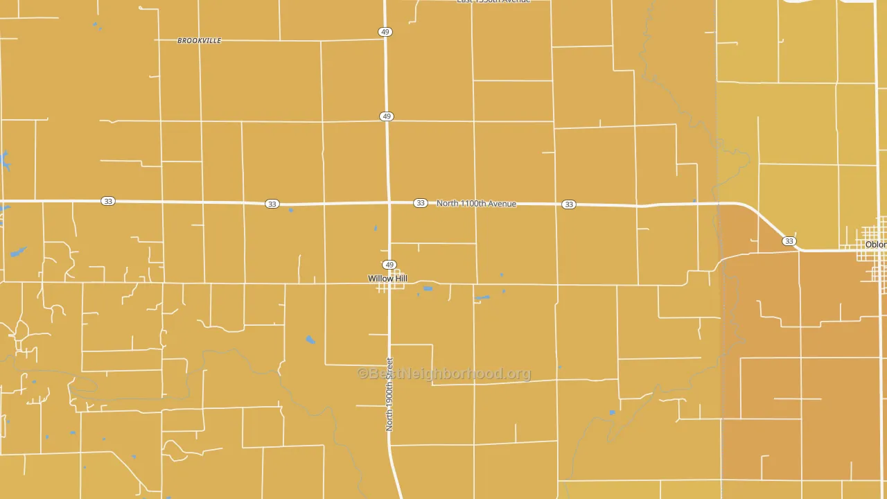Map of the best neighborhoods in the 62480 area, with better matches in green and worse matches in red