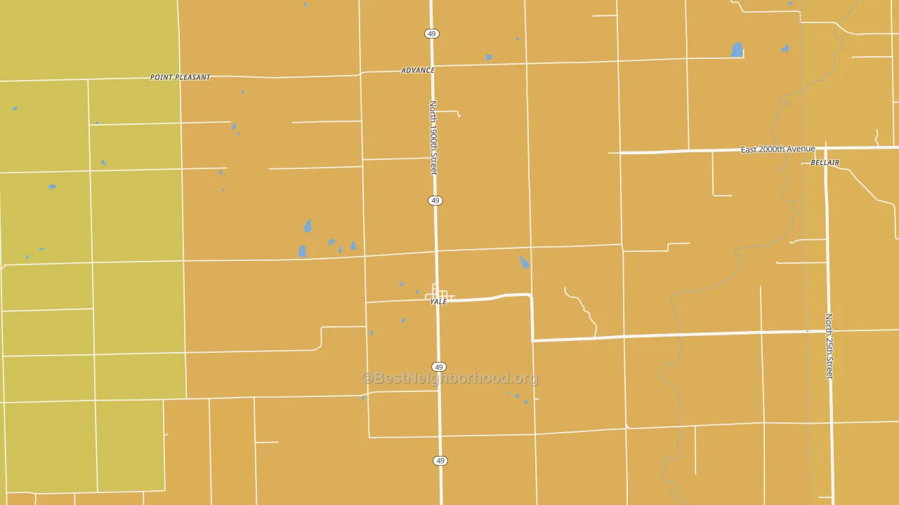Map of the best neighborhoods in the 62481 area, with better matches in green and worse matches in red