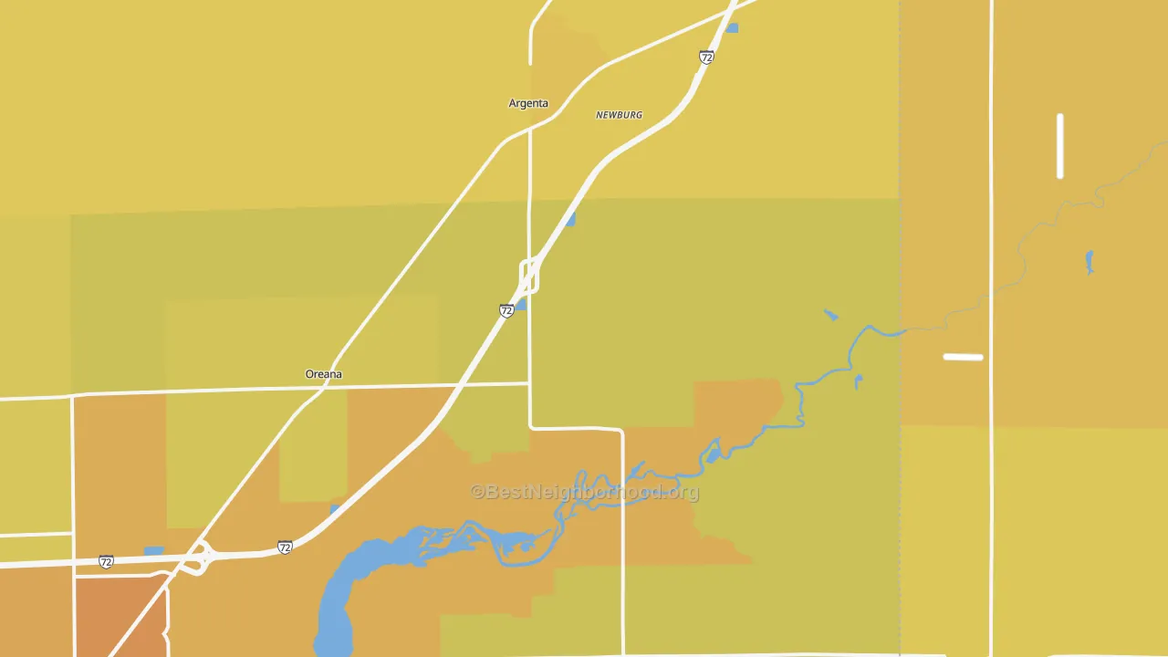 Map of the best neighborhoods in the 62501 area, with better matches in green and worse matches in red