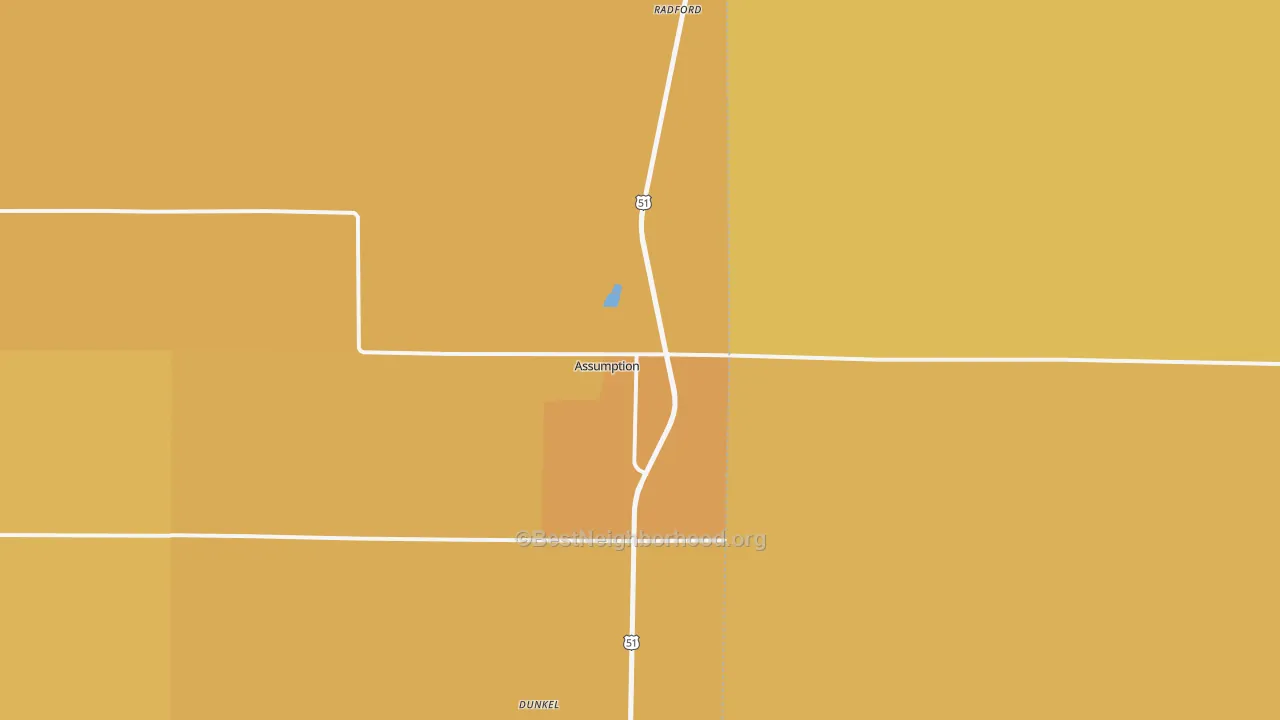 Map of the best neighborhoods in the 62510 area, with better matches in green and worse matches in red