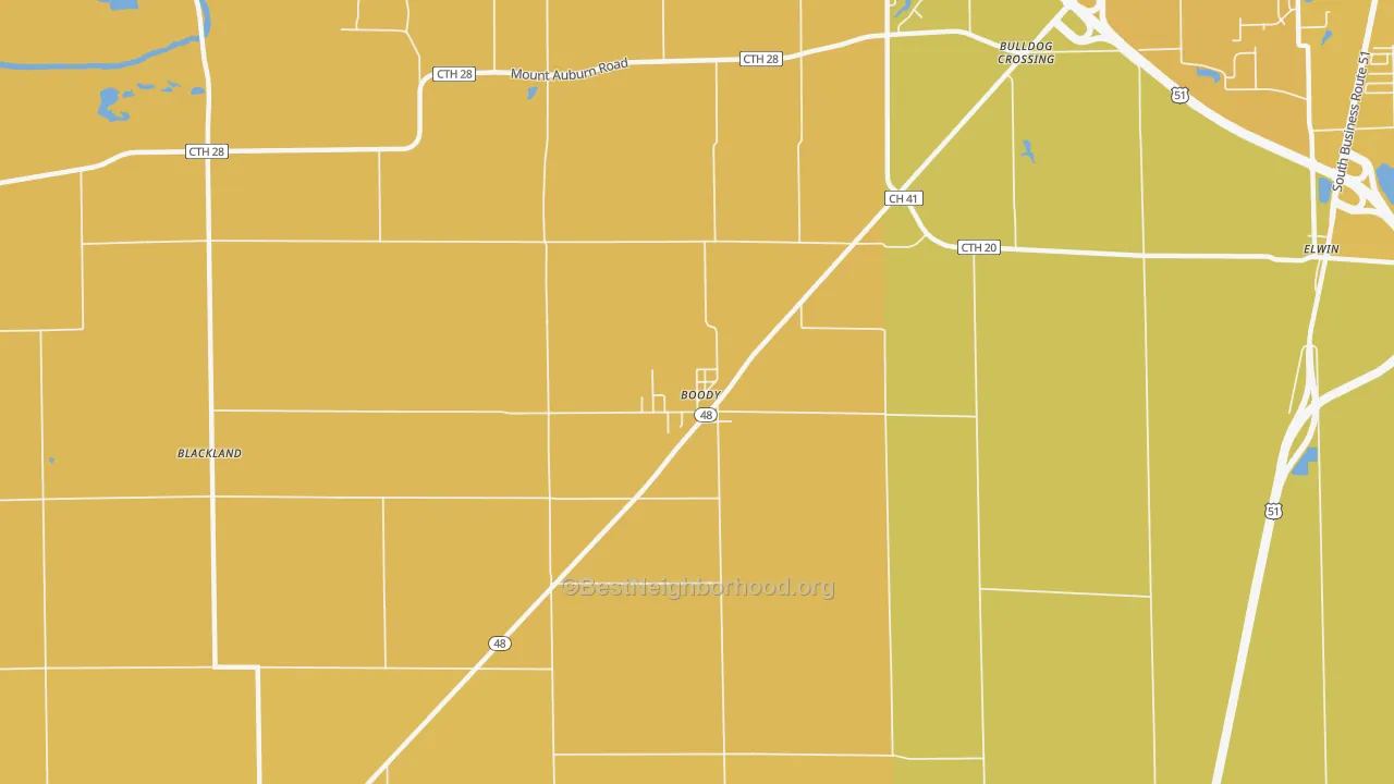 Map of the best neighborhoods in the 62514 area, with better matches in green and worse matches in red