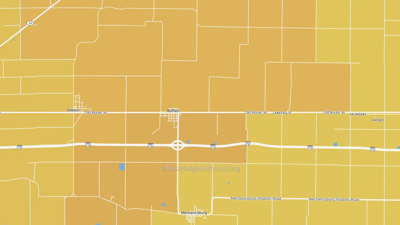 Map of the best neighborhoods in the 62515 area, with better matches in green and worse matches in red