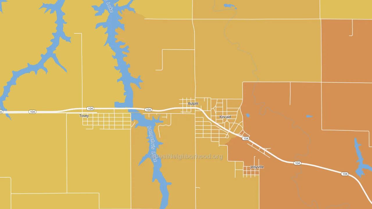 Map of the best neighborhoods in the 62517 area, with better matches in green and worse matches in red