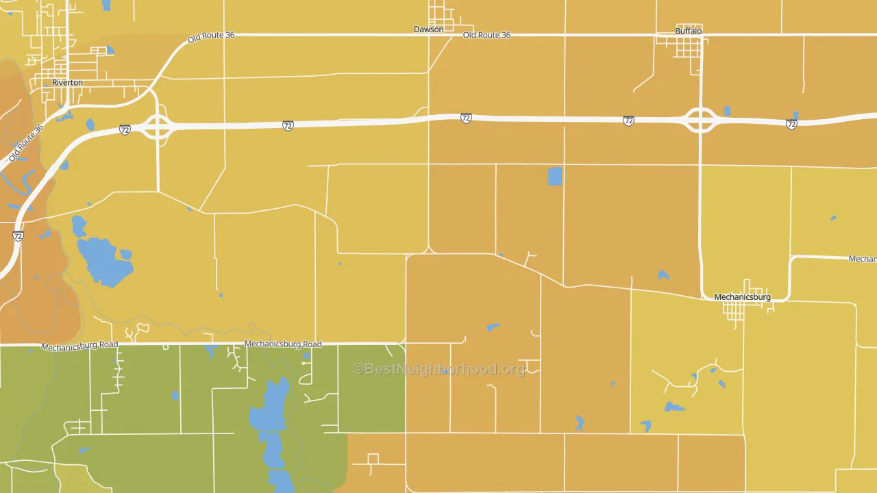 Map of the best neighborhoods in the 62520 area, with better matches in green and worse matches in red
