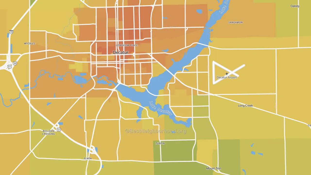 Map of the best neighborhoods in the 62521 area, with better matches in green and worse matches in red