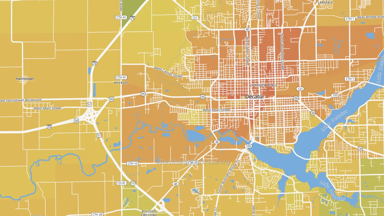Map of the best neighborhoods in the 62522 area, with better matches in green and worse matches in red