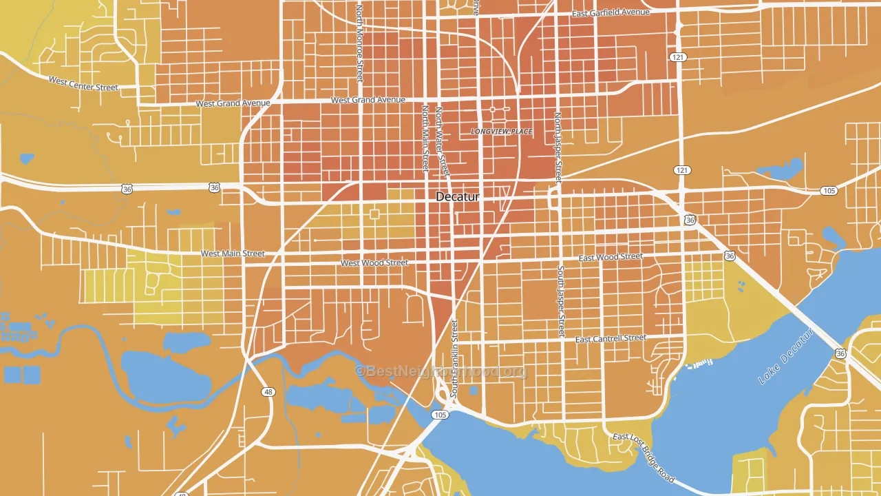 Map of the best neighborhoods in the 62523 area, with better matches in green and worse matches in red