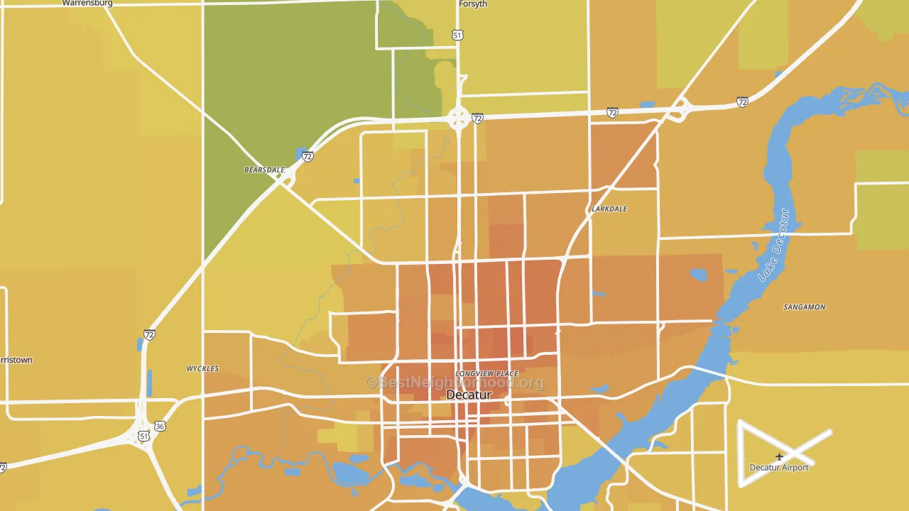 Map of the best neighborhoods in the 62526 area, with better matches in green and worse matches in red