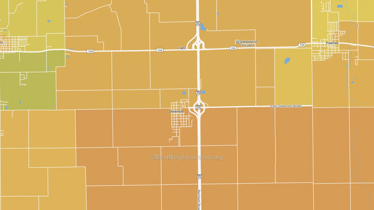 Map of the best neighborhoods in the 62530 area, with better matches in green and worse matches in red