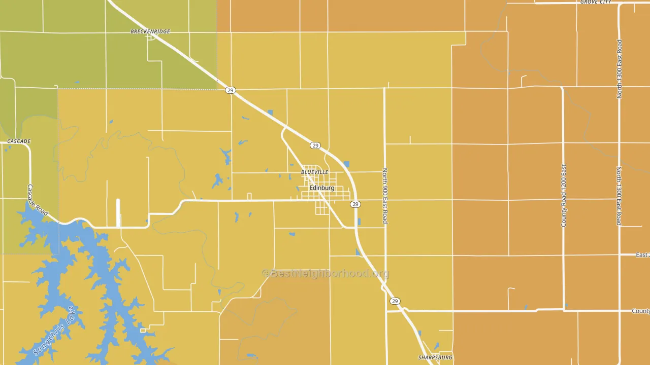 Map of the best neighborhoods in the 62531 area, with better matches in green and worse matches in red