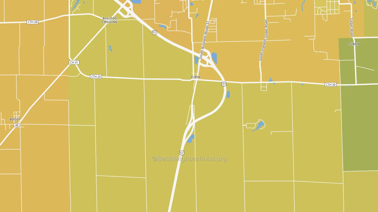 Map of the best neighborhoods in the 62532 area, with better matches in green and worse matches in red