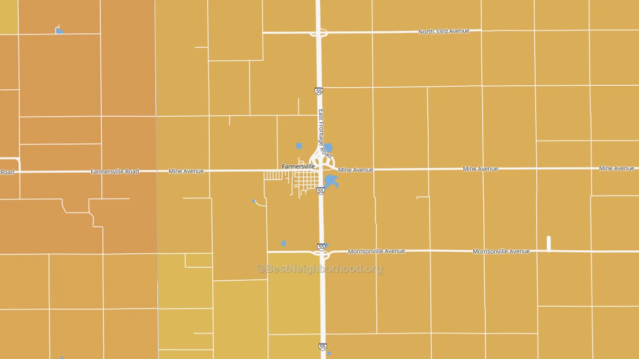 Map of the best neighborhoods in the 62533 area, with better matches in green and worse matches in red