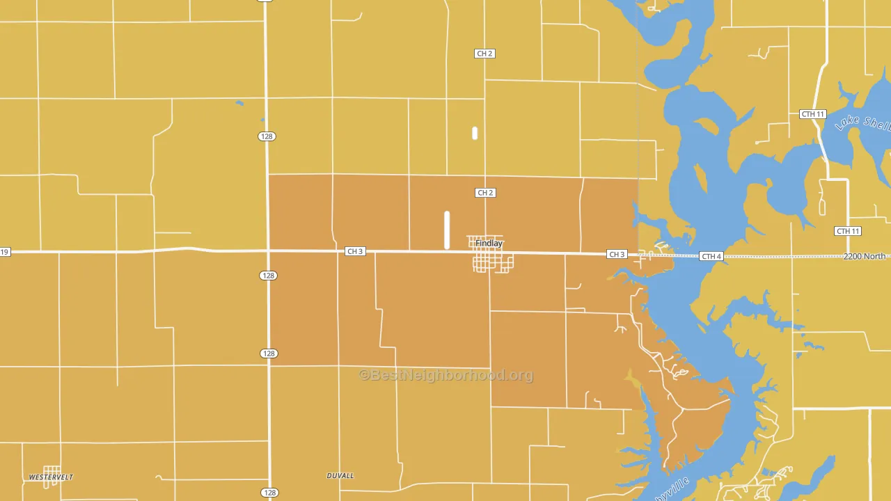 Map of the best neighborhoods in the 62534 area, with better matches in green and worse matches in red