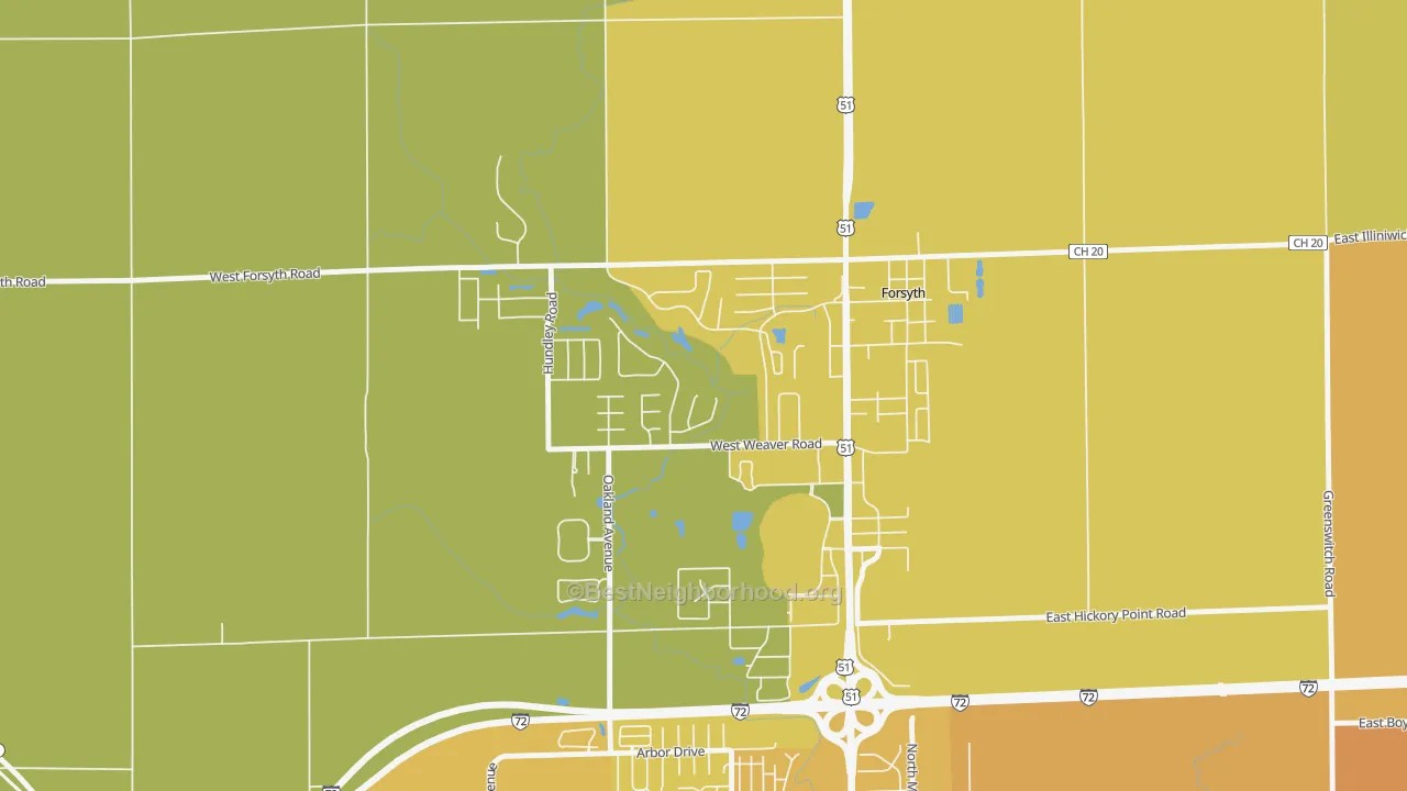 Map of the best neighborhoods in the 62535 area, with better matches in green and worse matches in red