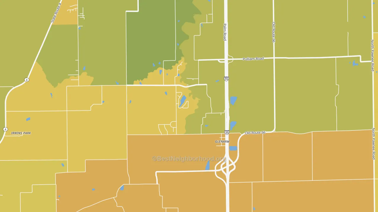 Map of the best neighborhoods in the 62536 area, with better matches in green and worse matches in red