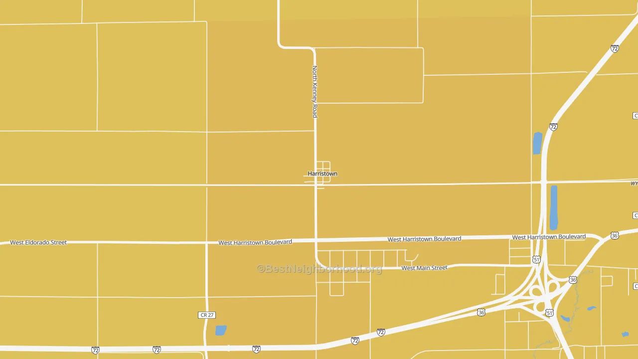 Map of the best neighborhoods in the 62537 area, with better matches in green and worse matches in red