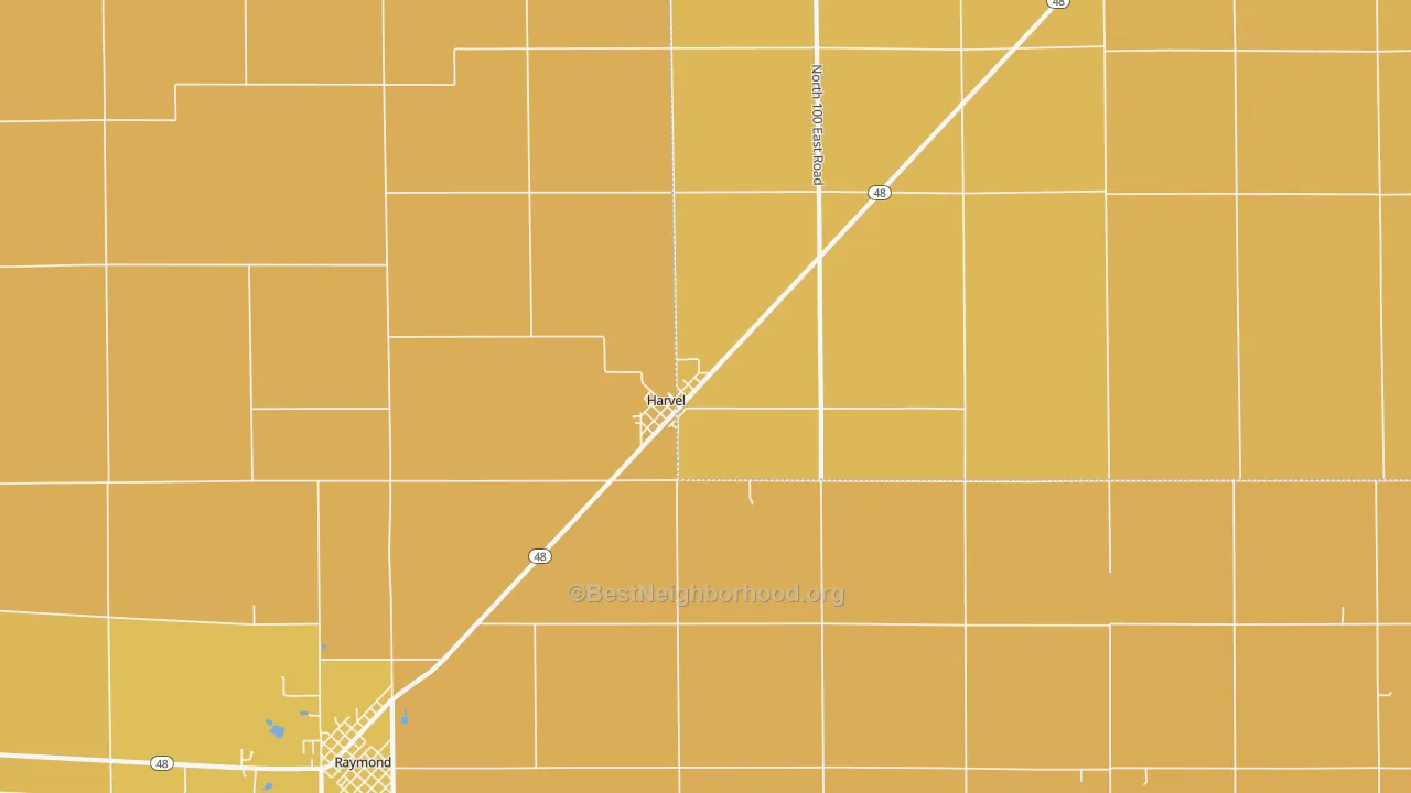 Map of the best neighborhoods in the 62538 area, with better matches in green and worse matches in red