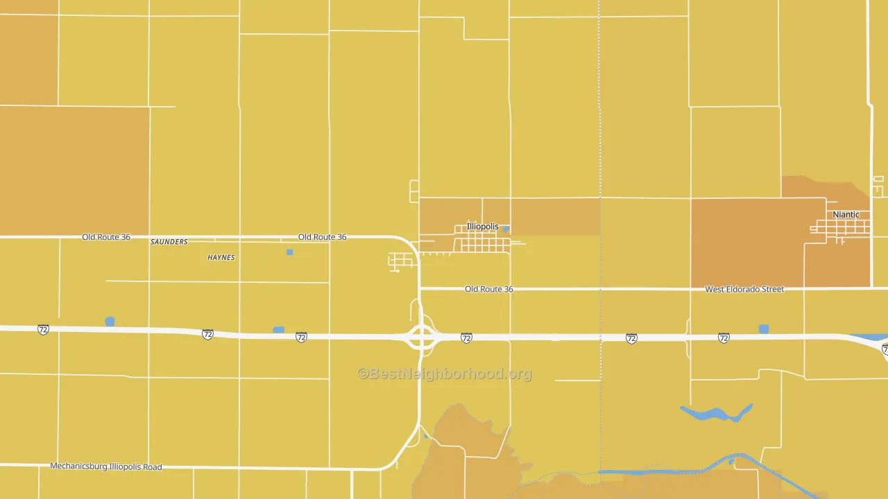 Map of the best neighborhoods in the 62539 area, with better matches in green and worse matches in red