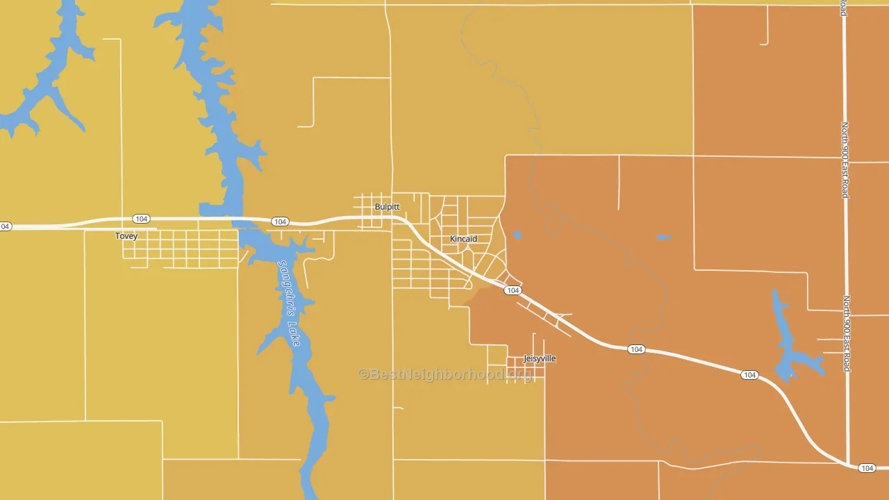 Map of the best neighborhoods in the 62540 area, with better matches in green and worse matches in red