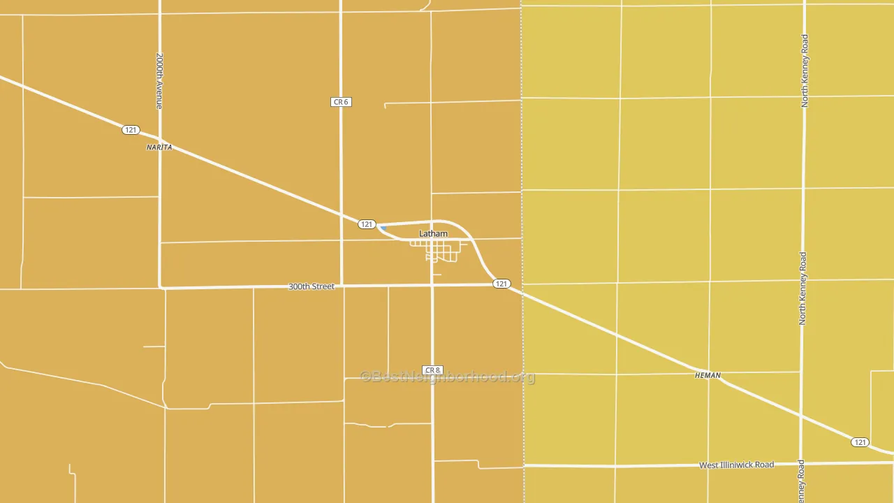 Map of the best neighborhoods in the 62543 area, with better matches in green and worse matches in red