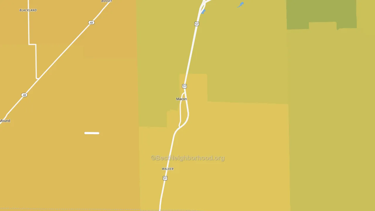 Map of the best neighborhoods in the 62544 area, with better matches in green and worse matches in red