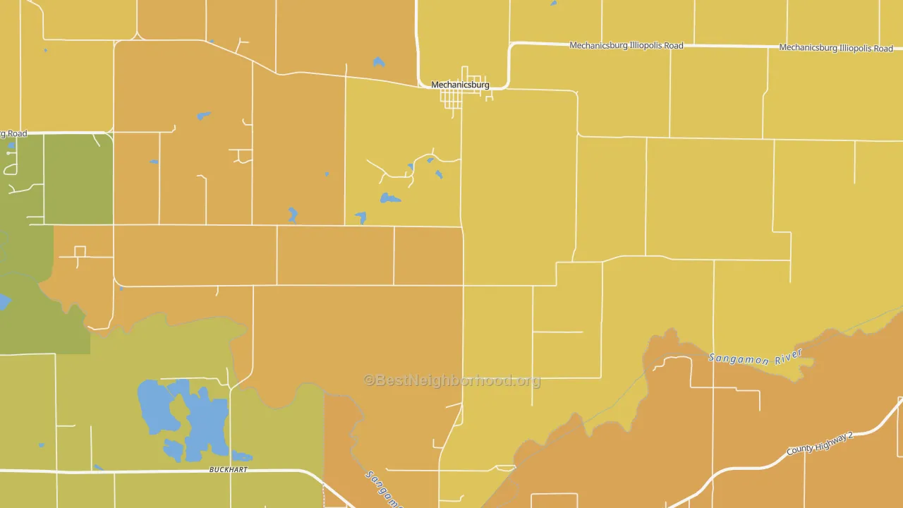 Map of the best neighborhoods in the 62545 area, with better matches in green and worse matches in red
