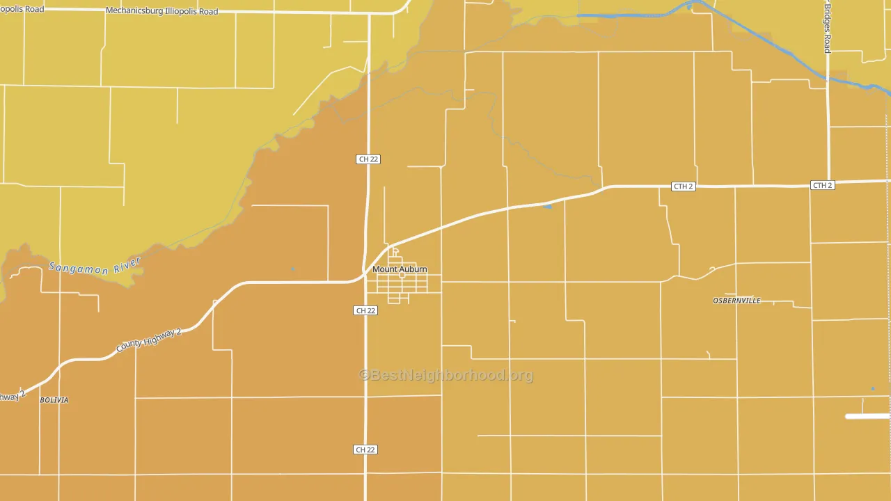 Map of the best neighborhoods in the 62547 area, with better matches in green and worse matches in red