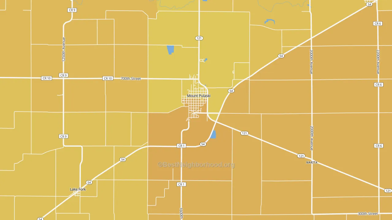 Map of the best neighborhoods in the 62548 area, with better matches in green and worse matches in red