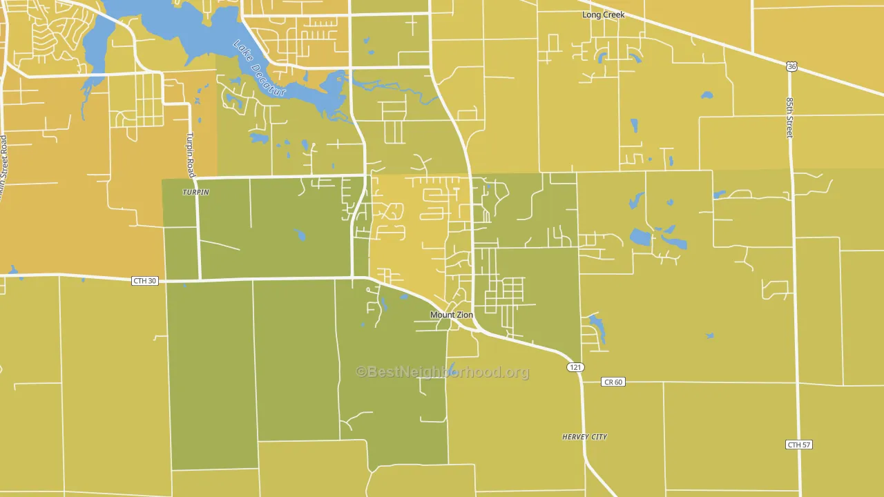 Map of the best neighborhoods in the 62549 area, with better matches in green and worse matches in red