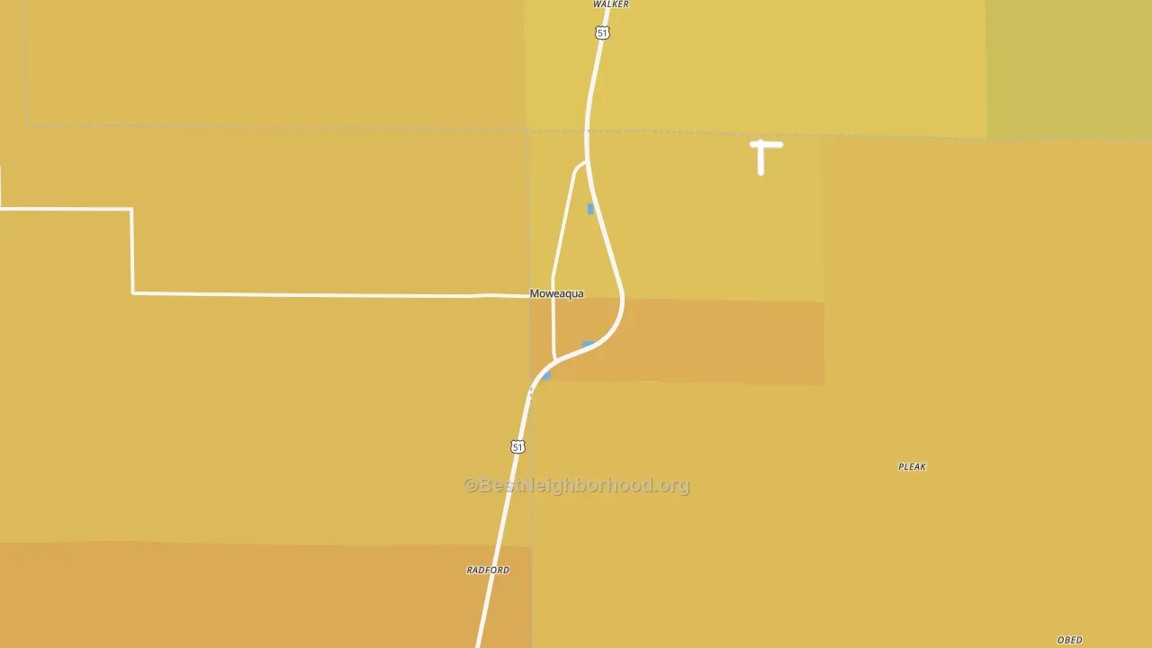 Map of the best neighborhoods in the 62550 area, with better matches in green and worse matches in red