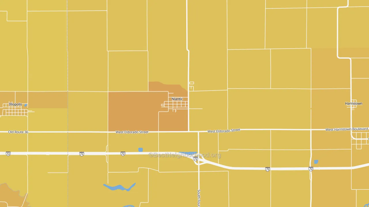 Map of the best neighborhoods in the 62551 area, with better matches in green and worse matches in red