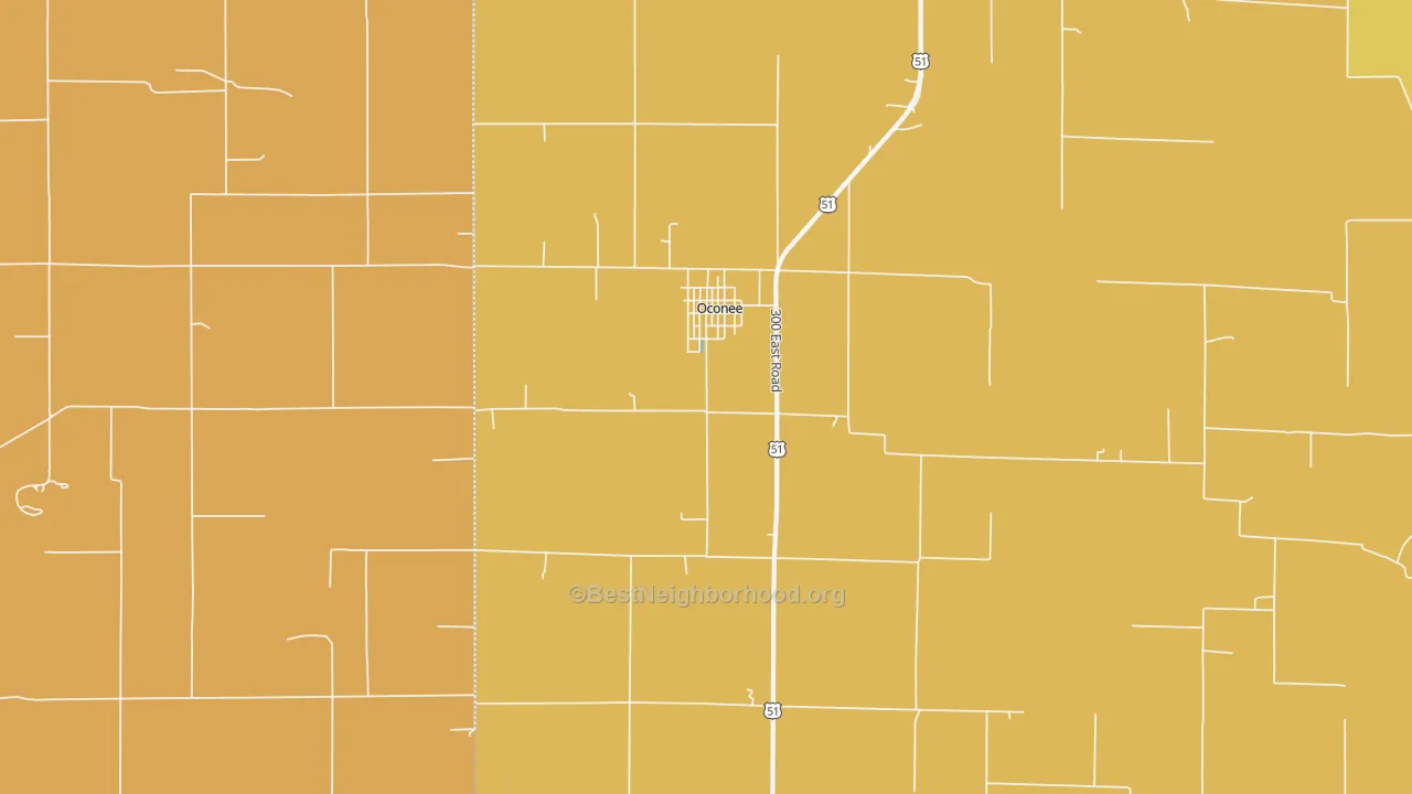 Map of the best neighborhoods in the 62553 area, with better matches in green and worse matches in red