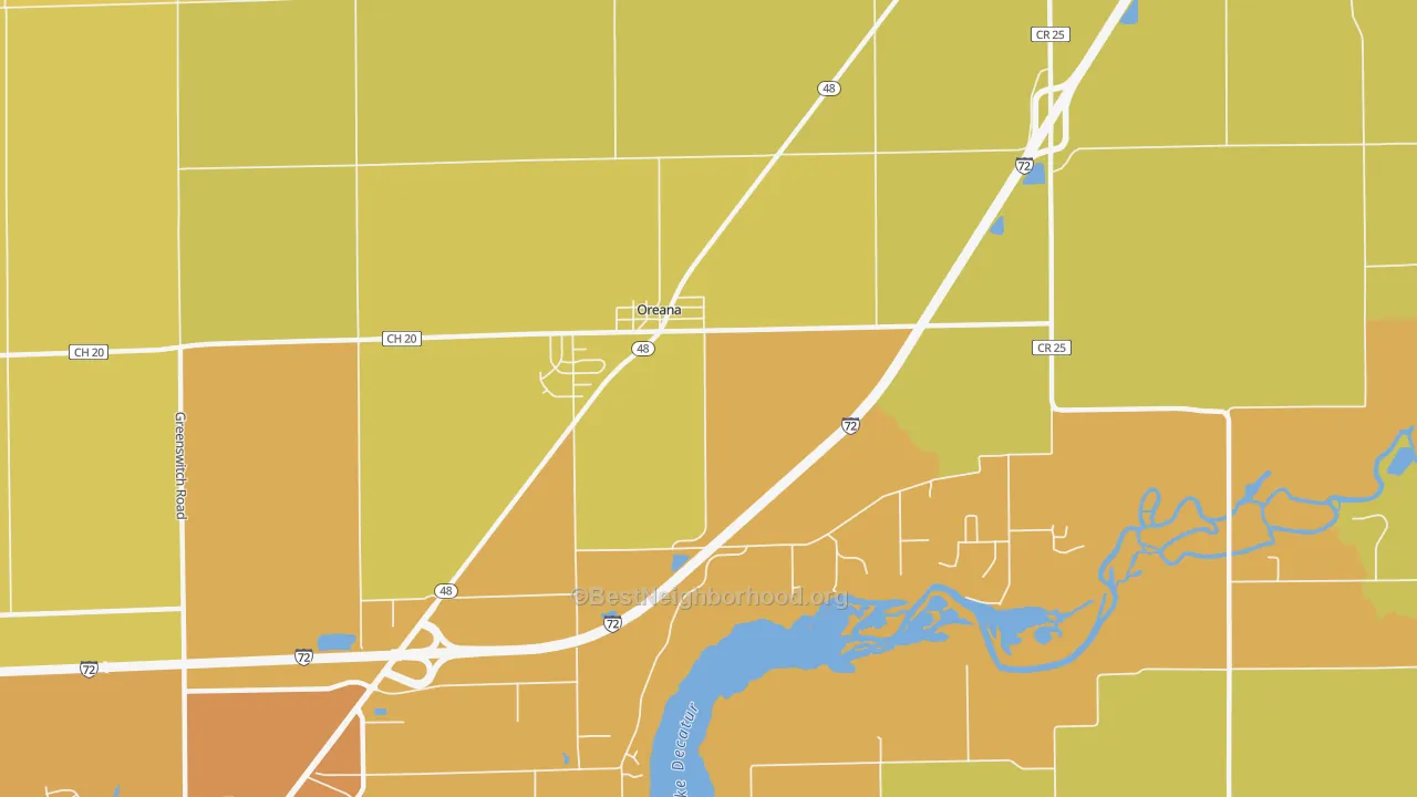 Map of the best neighborhoods in the 62554 area, with better matches in green and worse matches in red