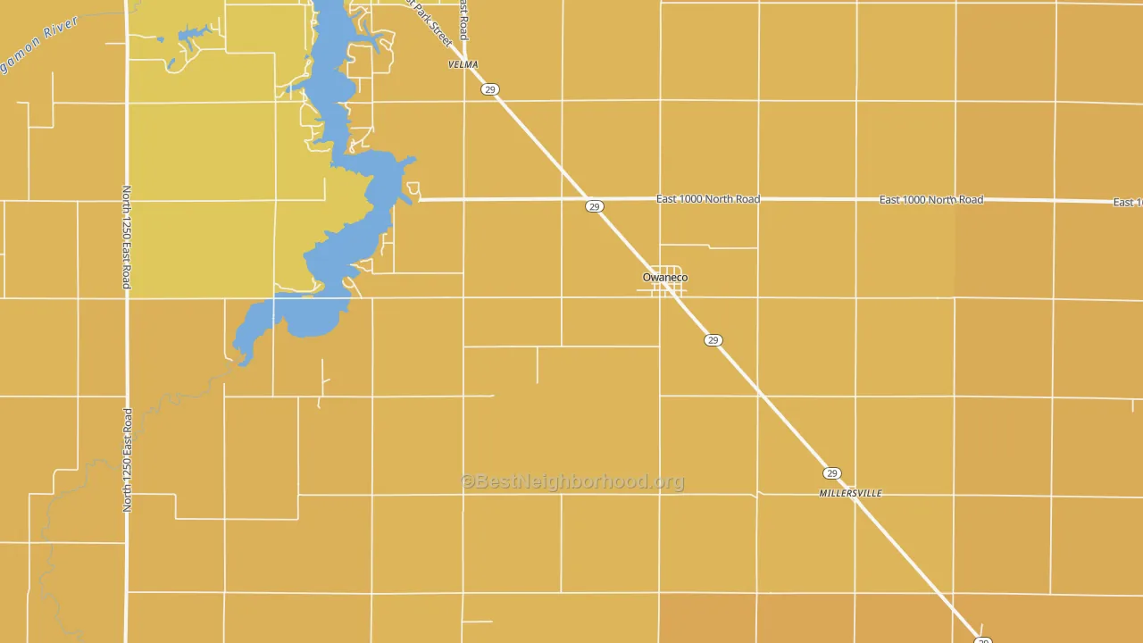 Map of the best neighborhoods in the 62555 area, with better matches in green and worse matches in red