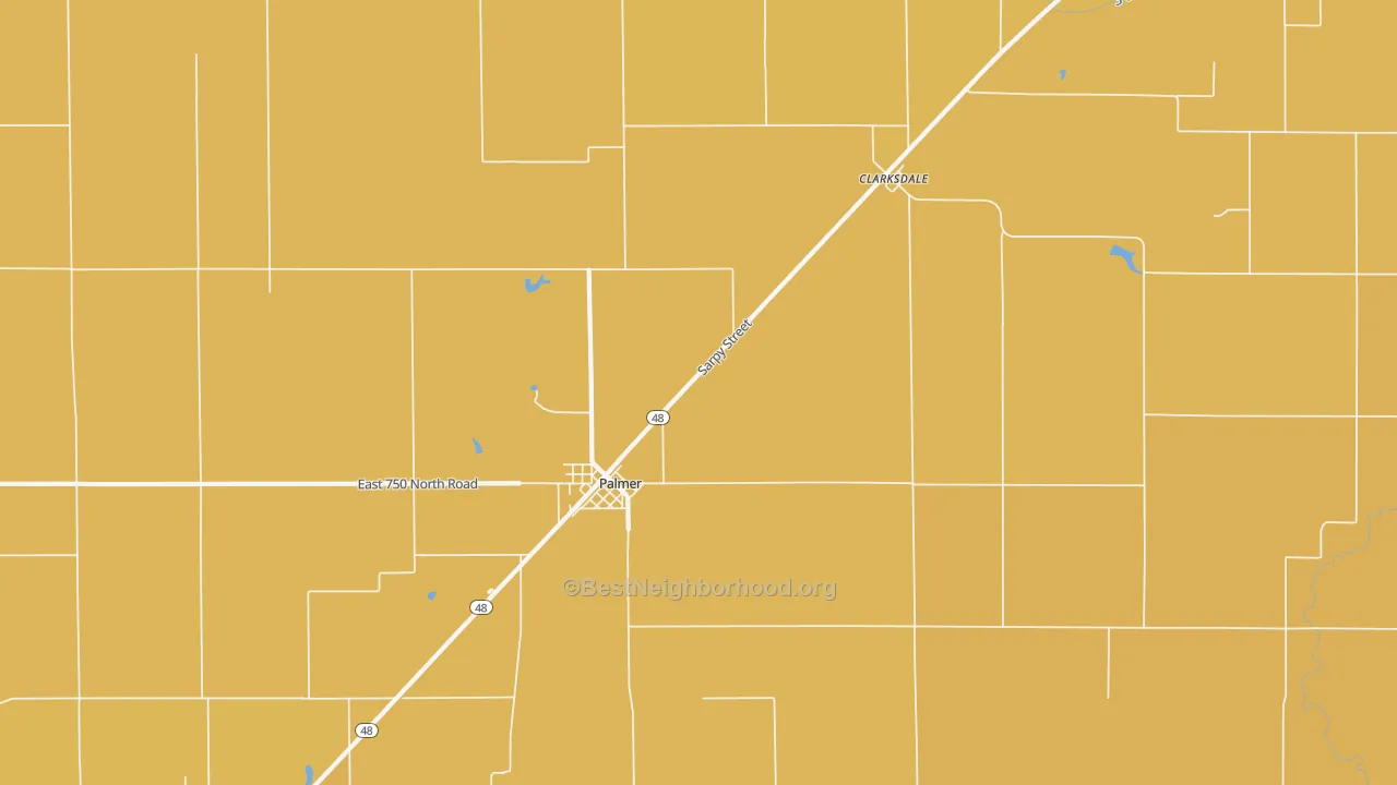 Map of the best neighborhoods in the 62556 area, with better matches in green and worse matches in red