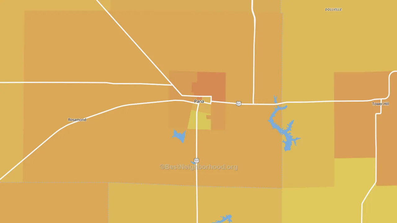 Map of the best neighborhoods in the 62557 area, with better matches in green and worse matches in red