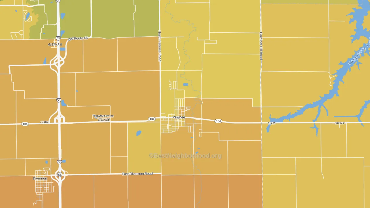 Map of the best neighborhoods in the 62558 area, with better matches in green and worse matches in red