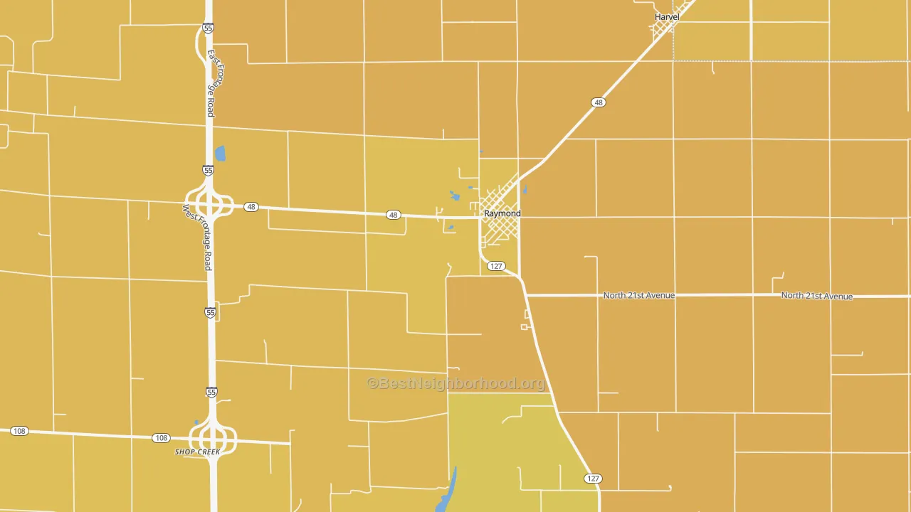 Map of the best neighborhoods in the 62560 area, with better matches in green and worse matches in red